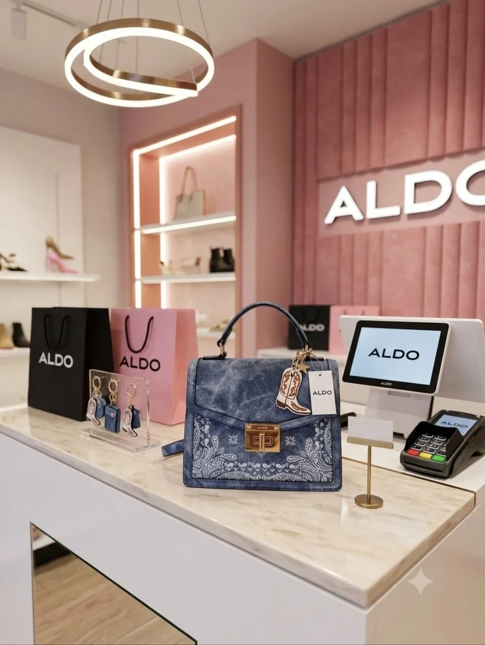 ALDO Pattern Blue Top-Handle Satchel with Gold Hardware